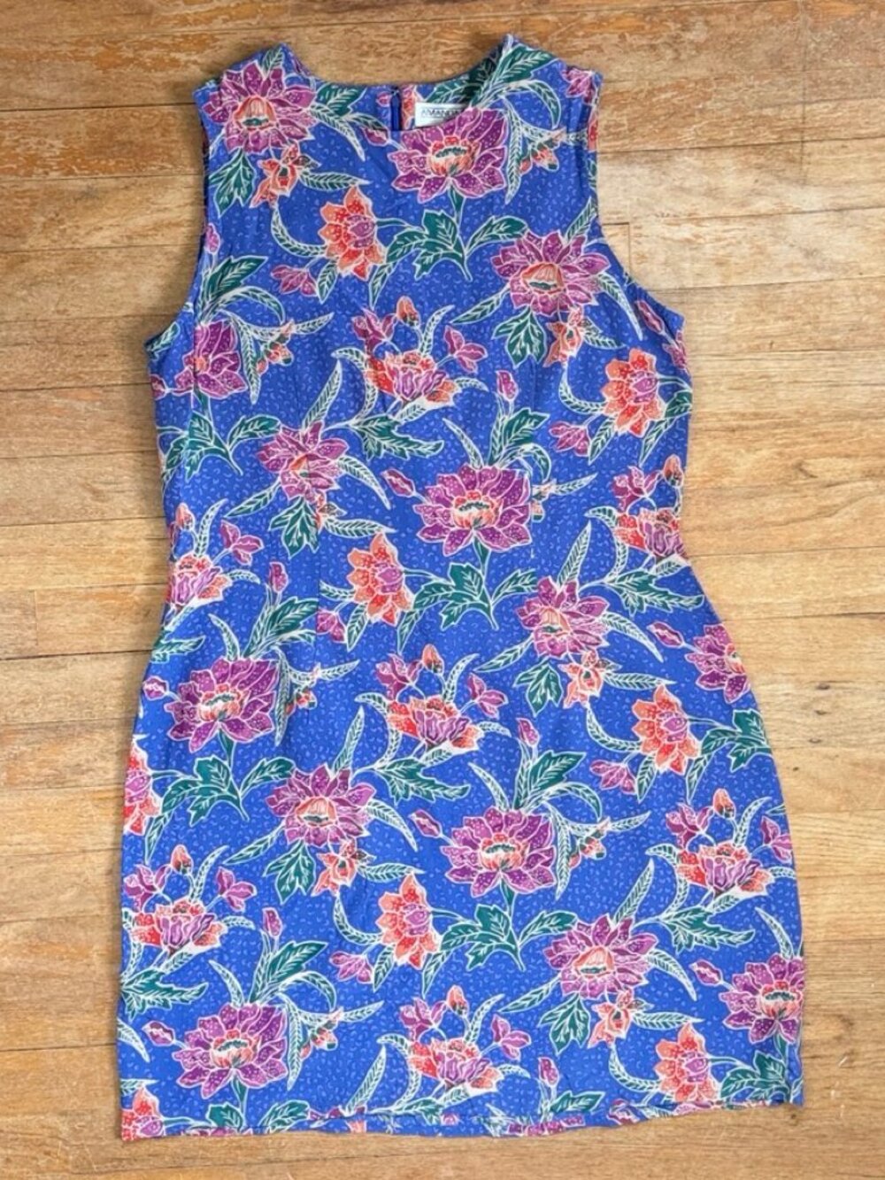 Vintage Floral Print Silk Dress Size Medium Blue Bohemian Style Sleeveless